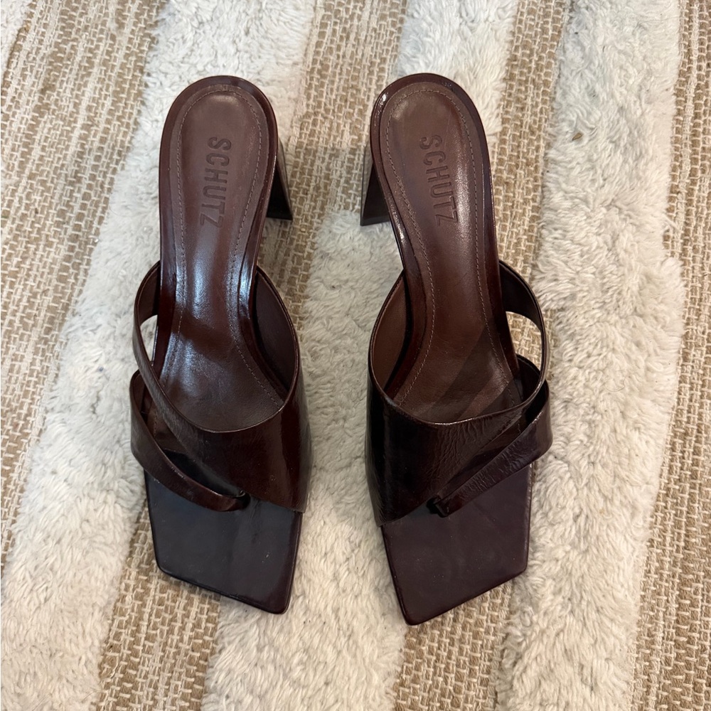 Schutz Brown Square-Toe Heeled Sandals